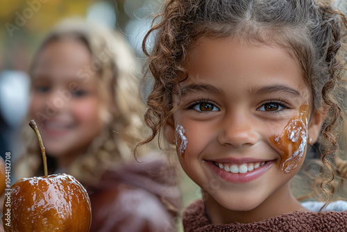 A family attending a fall festival, enjoying caramel apples, hayrides, and face painting. Concept of family bonding. photo