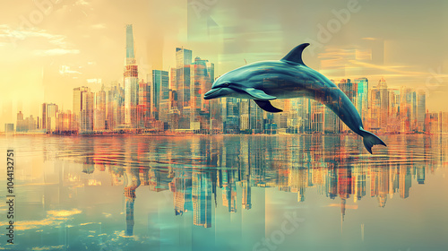 Surreal digital artwork of a dolphin leaping over a cityscape reflected in water metaphorically representing quantum consciousness. Quantum Cityscape. Illustration photo