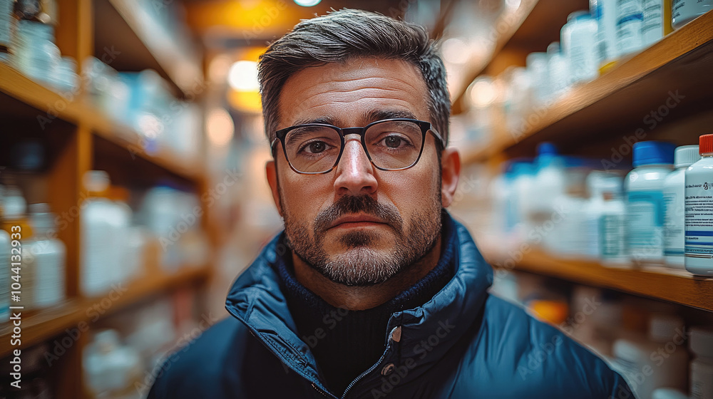 The man gazes directly at the camera, surrounded by shelves filled with various medication bottles, highlighting his role in healthcare The man gazes directly at the camera, surrounded by shelves filled with various medication bottles, highlighting his role in healthcare