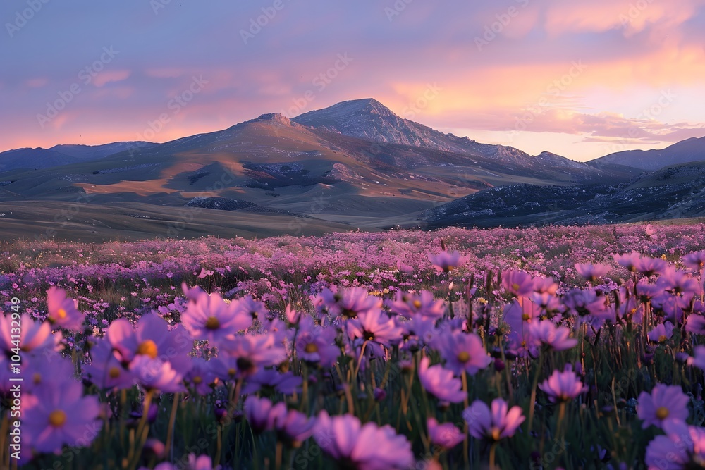 Obraz premium Breathtaking Sunset Over a Field of Purple Wildflowers and Majestic Mountains