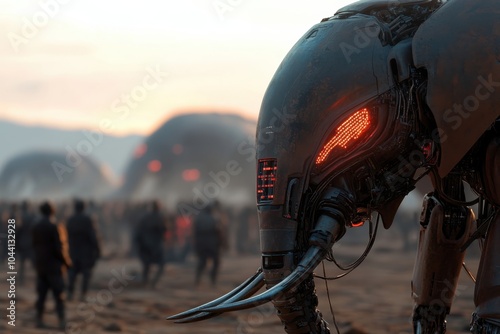 A detailed close-up of a futuristic robotic elephant with glowing red eyes, surrounded by a crowd in a desolate landscape, capturing tension and innovation. photo