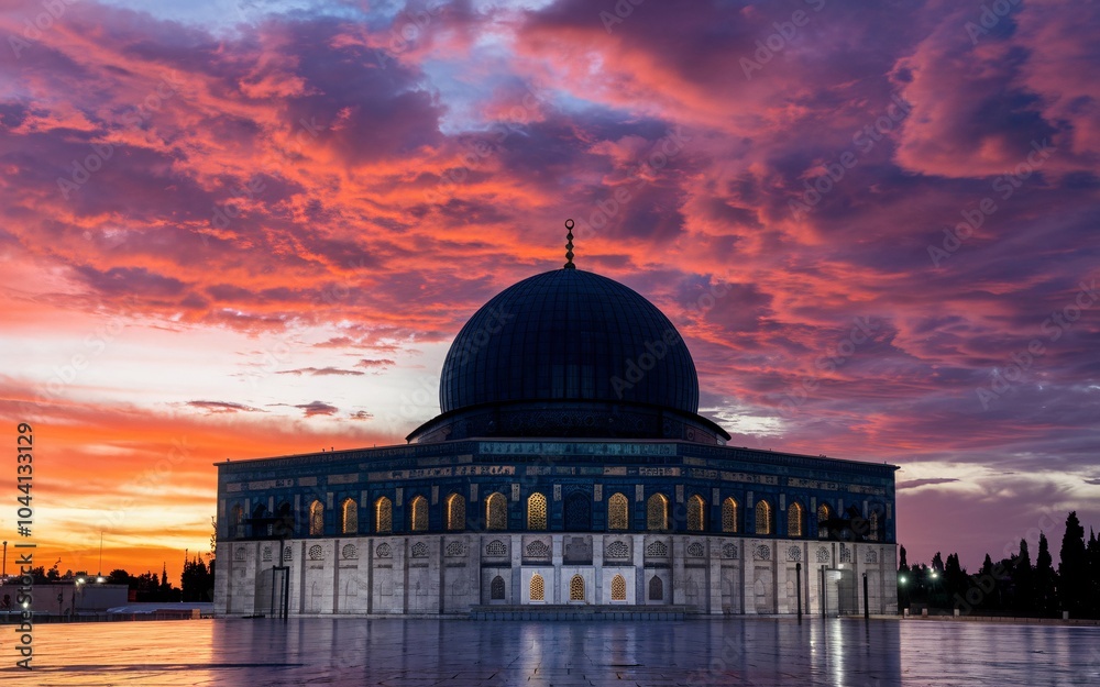 Obraz premium A mosque with a golden dome under a vibrant, pink and orange sunset sky.