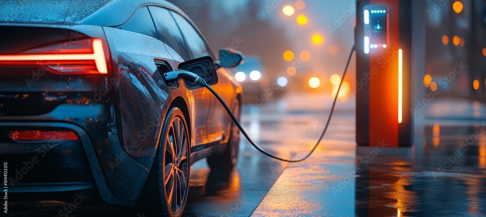 Electric Car Charging at a Public Station on a Rainy Evening, Promoting Sustainable Urban Mobility. Electric Car Charging at a Public Station on a Rainy Evening, Promoting Sustainable Urban Mobility.