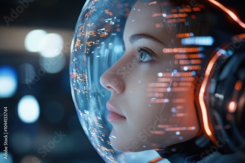 A person in a high-tech space helmet views a digital interface, representing the convergence of pioneering technology and human ambition in extraterrestrial exploration. photo