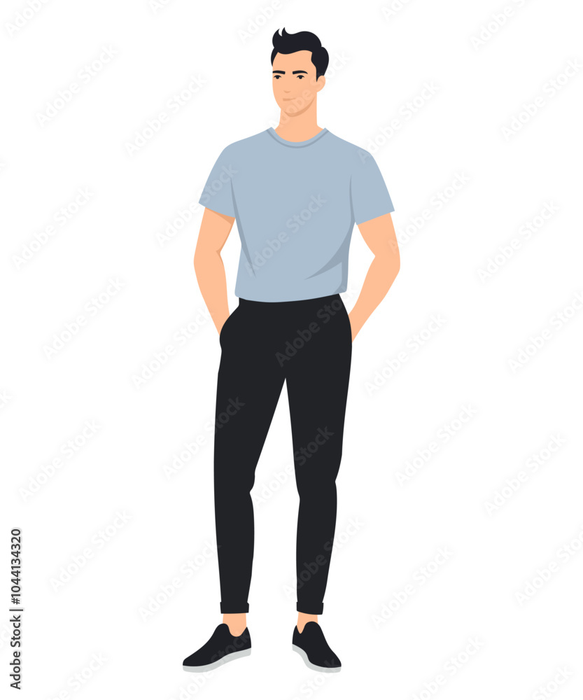 Vector illustration of a man in a gray and blue t-shirt and black pants. A comfortable and casual look for every day. Vector illustration of a man in a gray and blue t-shirt and black pants. A comfortable and casual look for every day.