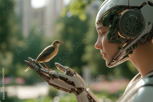 Robot kindly holding a bird with a soft gaze, highlighting peaceful coexistence of technology and nature in a calm and inspiring outdoor environment. photo