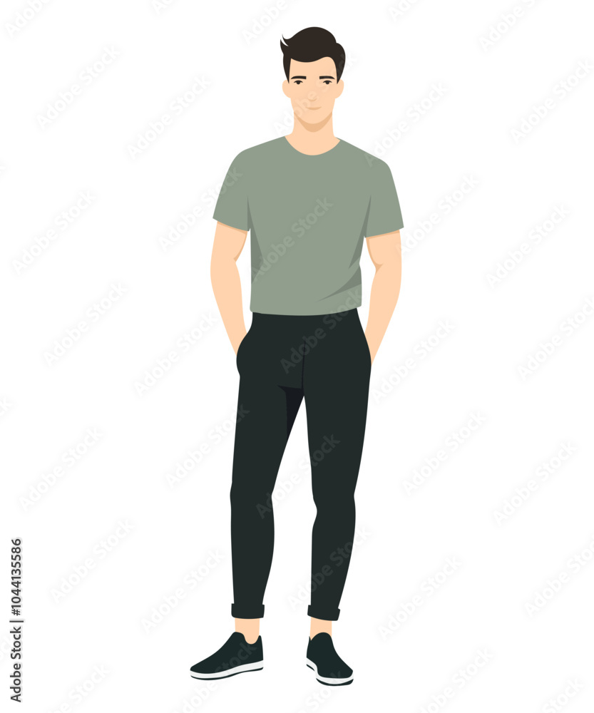 Vector illustration of a man wearing a green T-shirt and black trousers, creating a stylish and minimalistic look. And simply give an onion Vector illustration of a man wearing a green T-shirt and black trousers, creating a stylish and minimalistic look. And simply give an onion