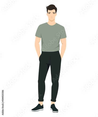 Vector illustration of a man wearing a green T-shirt and black trousers, creating a stylish and minimalistic look. And simply give an onion