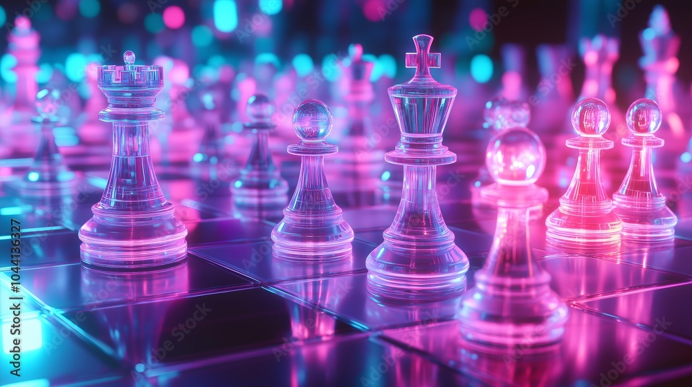 A digital illustration of a futuristic chess game with holographic pieces A digital illustration of a futuristic chess game with holographic pieces