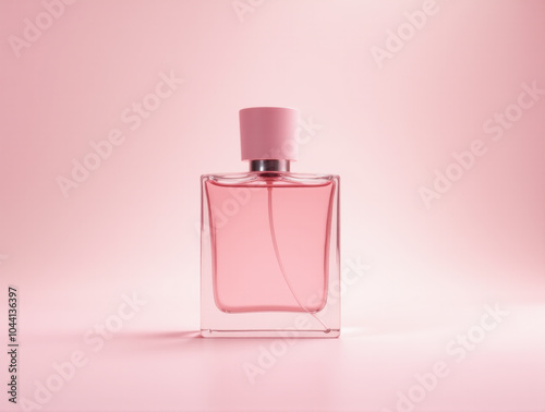 Product Photography of Pink Rectangle Glass Perfume Bottle with Light Pink Cap and Floral Notes on White Background