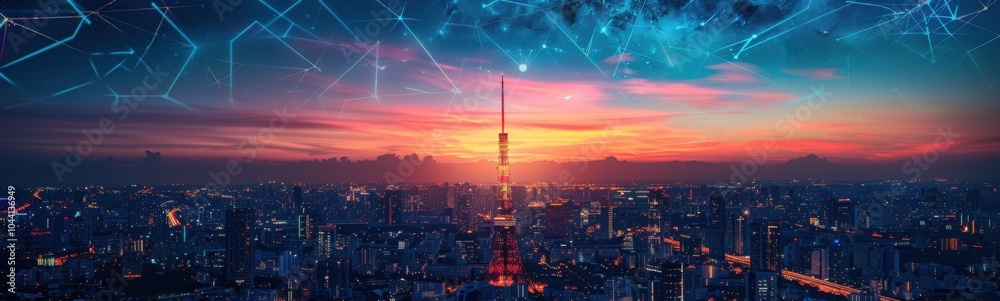 Obraz premium Futuristic city skyline with futuristic lines and lights at sunset, banner, copy space