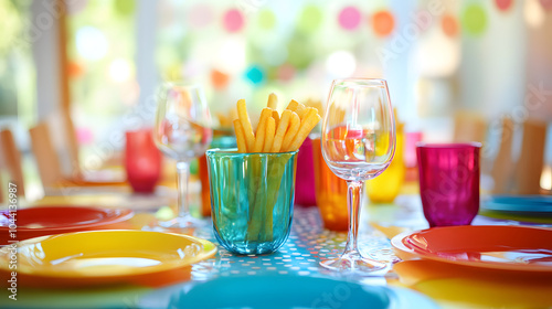 A Cheerful Festive Table Adorned with Delicious French Fries in Bright Colors