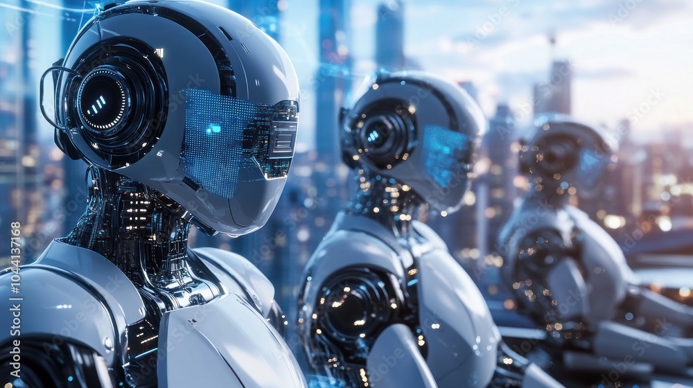 Fototapeta premium Futuristic robots with advanced technology in a cityscape.