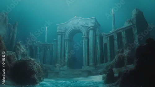 Underwater atlantean council meeting, merfolk and ancient ruins, fantasy style, mysterious and grand, in a coral palace. Merfolk Palace. Illustration photo