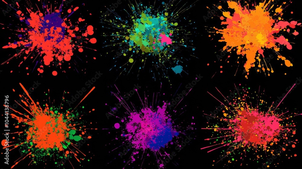 Abstract colorful paint splatters on a black background.