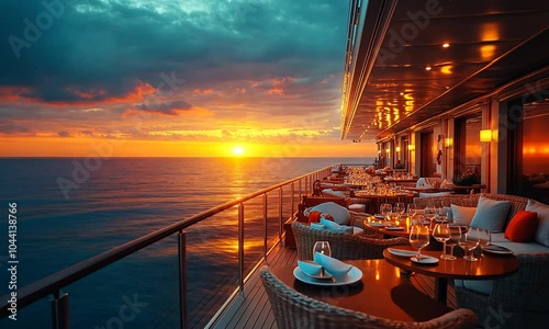 Sunset view from a luxurious yacht with dining setup.