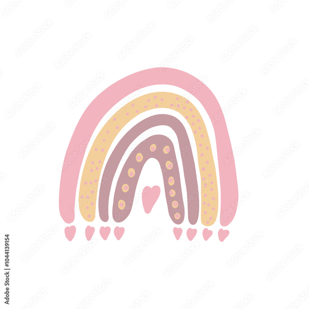 Cute boho pink rainbow vector drawing. Hand drawn rainbow with hearts illustration isolated on transparent background. Kids design for baby shower, tshirt print, poster. Flat vector illustration