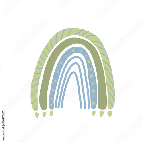 Cute boho green and blue rainbow vector drawing. Hand drawn rainbow with hearts illustration isolated on transparent background. Flat vector illustration for baby shower, tshirt print, poster