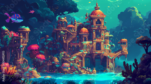 Wallpaper underwater palace inhabited by merfolk and guarded by mystical sea creatures. generate ai. Merfolk Palace. Illustration photo