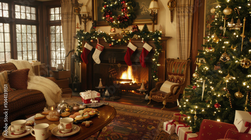 A cozy living room decorated for Christmas. The tree is filled with gold and red decorations, twinkling lights.