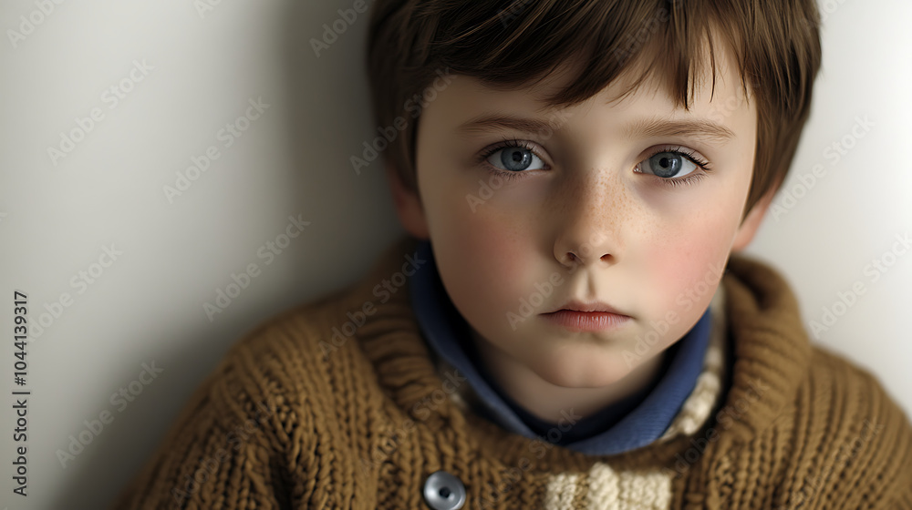 Young Boy's Pensive Gaze: A close-up portrait of a young boy with a somber expression, his piercing blue eyes reflecting a depth of emotion. The image evokes a sense of contemplation, introspection. Young Boy's Pensive Gaze: A close-up portrait of a young boy with a somber expression, his piercing blue eyes reflecting a depth of emotion. The image evokes a sense of contemplation, introspection.