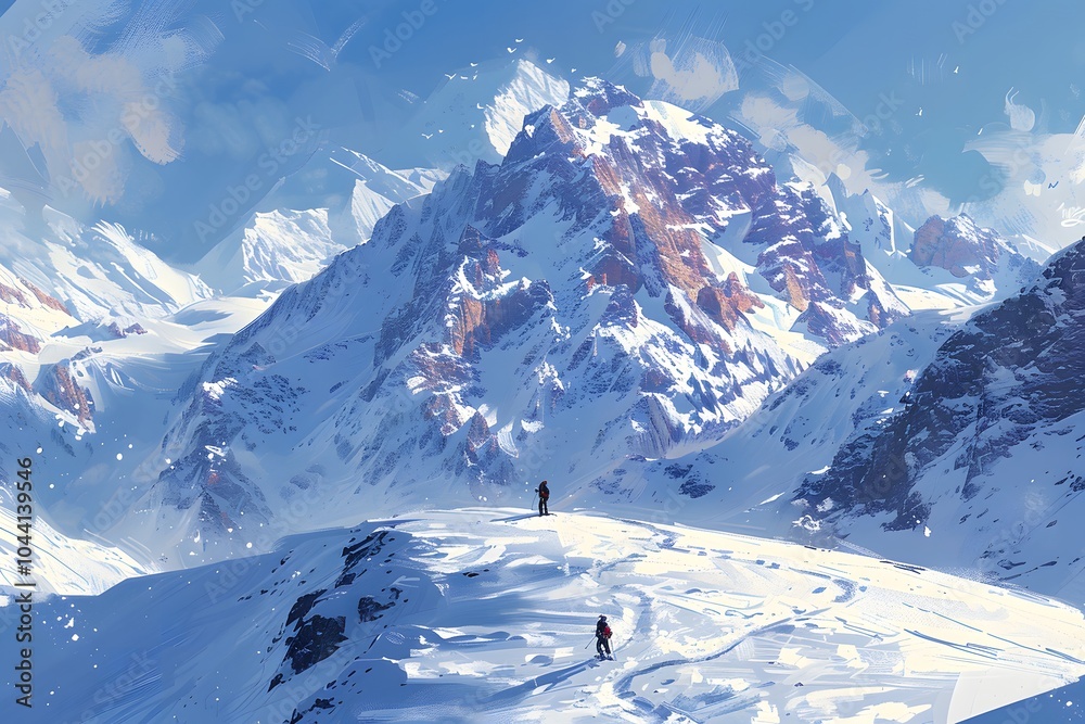 Obraz premium Majestic Snow-Capped Peaks: Adventurers Conquer the Winter Wonderland