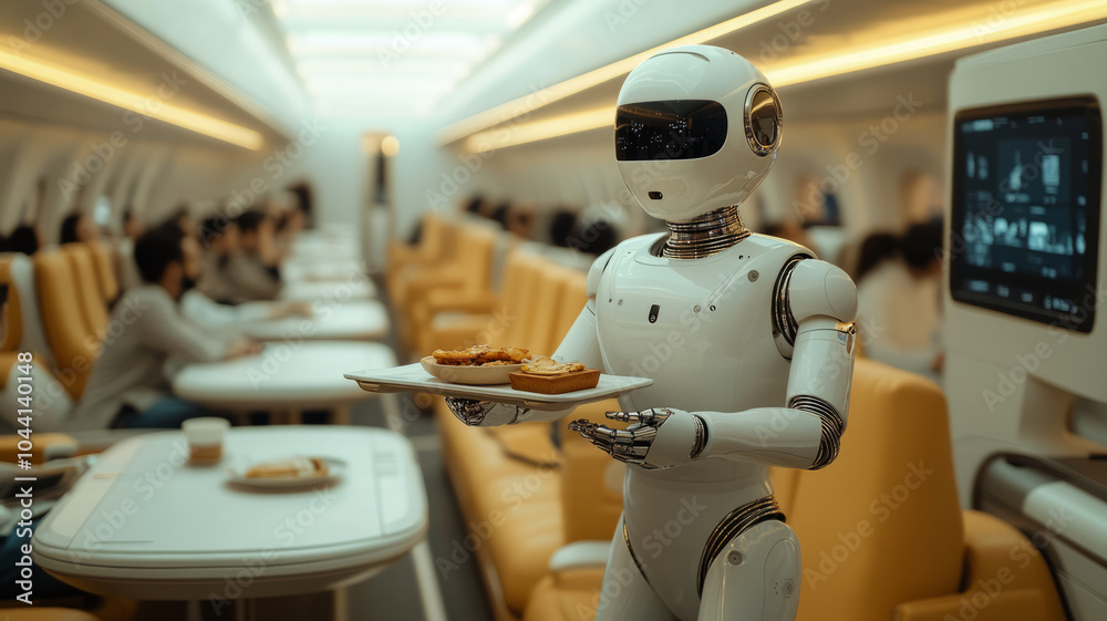 a white robotic steward walking in Futuristic airplane cabin between rows of passengers seated in comfortable chairs a white robotic steward walking in Futuristic airplane cabin between rows of passengers seated in comfortable chairs