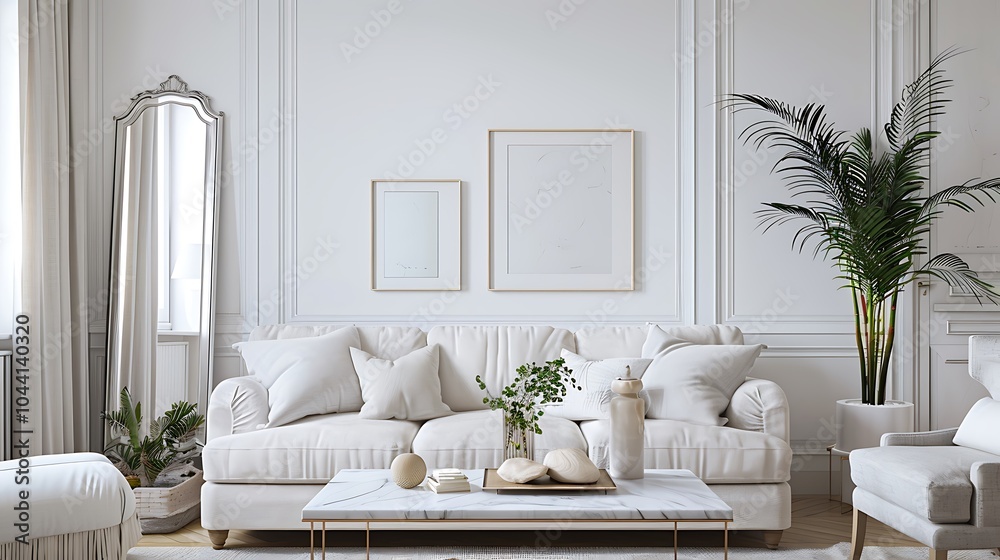 Modern Interior of Stylish Living Room ,Wall Mock Up, Frame , Poster with Beautiful Background, 3d render