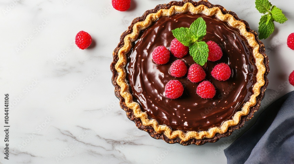 A rich chocolate tart topped with fresh raspberries and mint leaves, set against a marble surface. A rich chocolate tart topped with fresh raspberries and mint leaves, set against a marble surface.