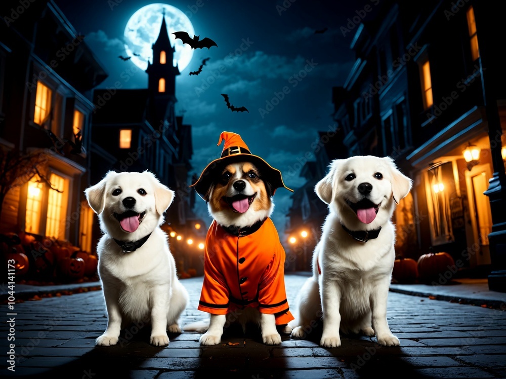 3D Illustration of Adorable Dogs Wearing Halloween Costumes, in a ...