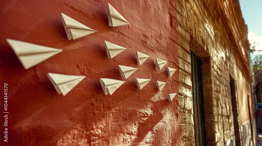 Paper airplanes flying in formation on a brick wall. Paper airplanes flying in formation on a brick wall.