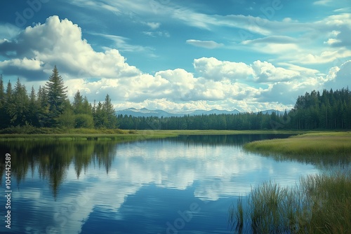 A tranquil lake mirrors the sky and surrounding pines, creating a peaceful and picturesque natural landscape.