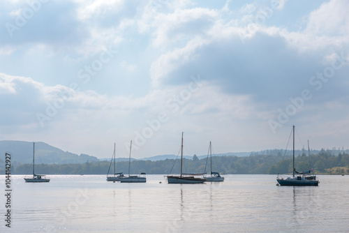 Boat and Yacht in Windermere in Lake District is England, largest lake. aerial view in autumn