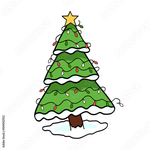 Hand drawn holiday tree with traditional red green and white christmas lights 