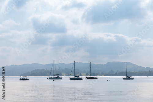 Boat and Yacht in Windermere in Lake District is England, largest lake. aerial view in autumn