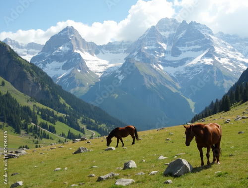 Pferde in einer malerischen Berglandschaft photo