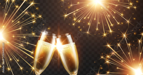 Fireworks lights effect and champagne or white wine glasses isolated on transparent background. Vector golden New Year salute sparkle banner with golden fizzy drink wineglasses