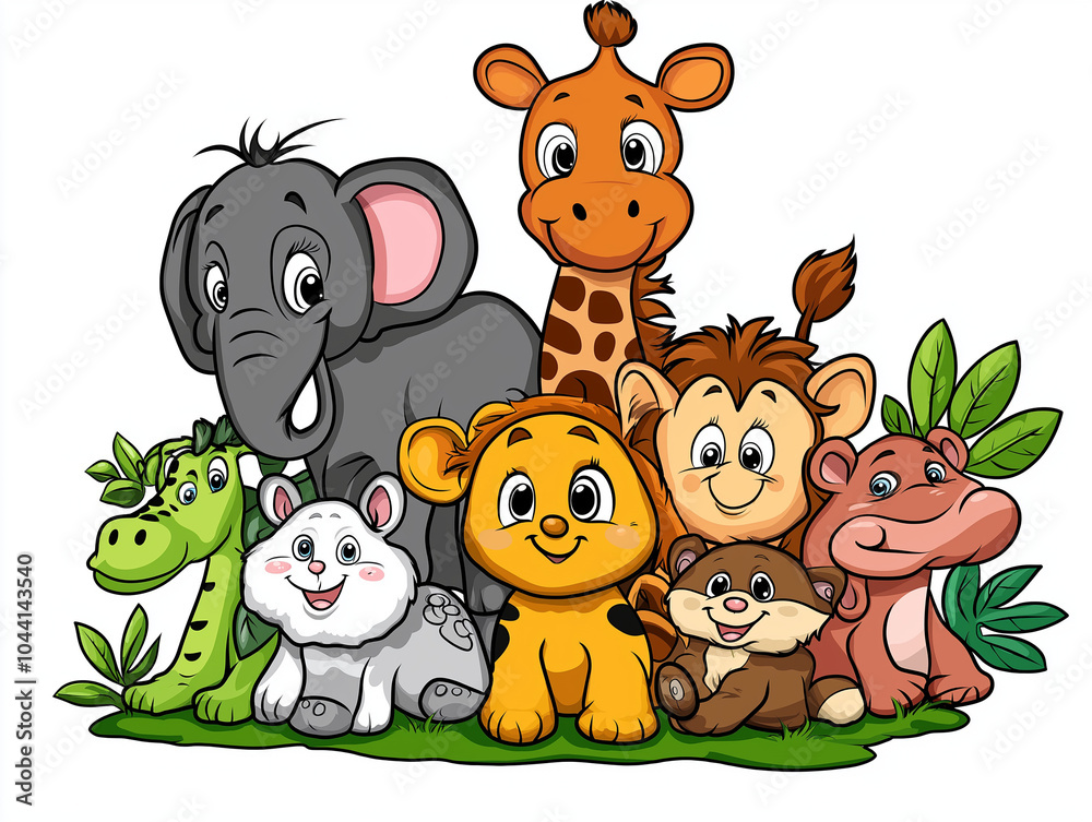 Naklejka premium Safari Squad: Delightful Group of Colorful Cartoon Animals