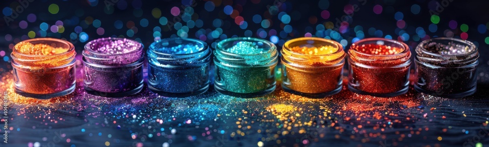 Naklejka premium Brightly colored glitters are arranged in a row on a table, banner