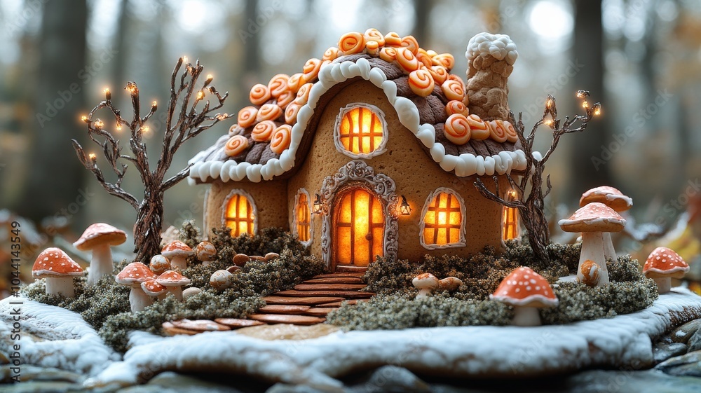 Obraz premium A fantasy-themed gingerbread house in a mystical forest, with glowing windows and peppermint swirls on the roof