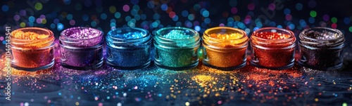 Brightly colored glitters are arranged in a row on a table, banner photo