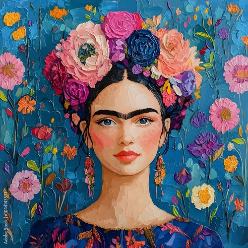 A vibrant portrait of a young Latina woman with dark hair adorned with colorful flowers, exuding confidence against a striking blue floral background.