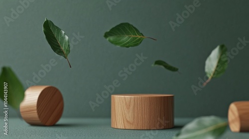 Wooden Podium With Falling Leaves On A Green Background.