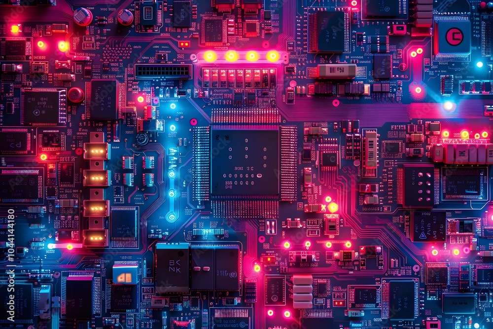 Vibrant Circuit Board with Illuminated Components and Complex Design Vibrant Circuit Board with Illuminated Components and Complex Design