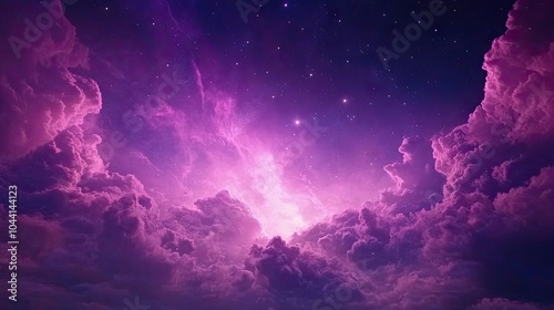 This image captures a breathtaking cosmic scene filled with vibrant purple clouds and a glowing light at the center, evoking a sense of wonder and mystery.