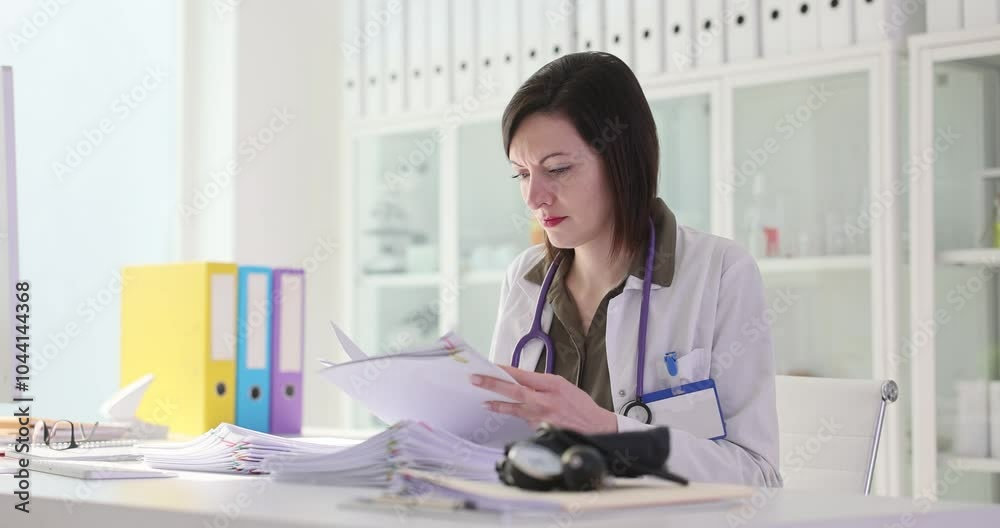 Concentrated woman doctor analyzes medical documents. Professional physician reviews laboratory results of patients after appointment slow motion Concentrated woman doctor analyzes medical documents. Professional physician reviews laboratory results of patients after appointment slow motion