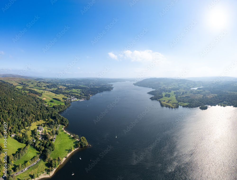 Windermere in Lake District is England, largest lake. aerial view in autumn Windermere in Lake District is England, largest lake. aerial view in autumn