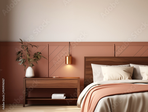 Living room interior in modern minimalist style with wooden panneling and bronze metallic decor. Bright color accent interior with wood wall panels. Wood wall panneling. 