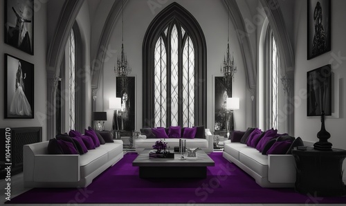 Contemporary Gothic living space featuring a grand tracery window, minimalist furnishings, and atmospheric lighting photo