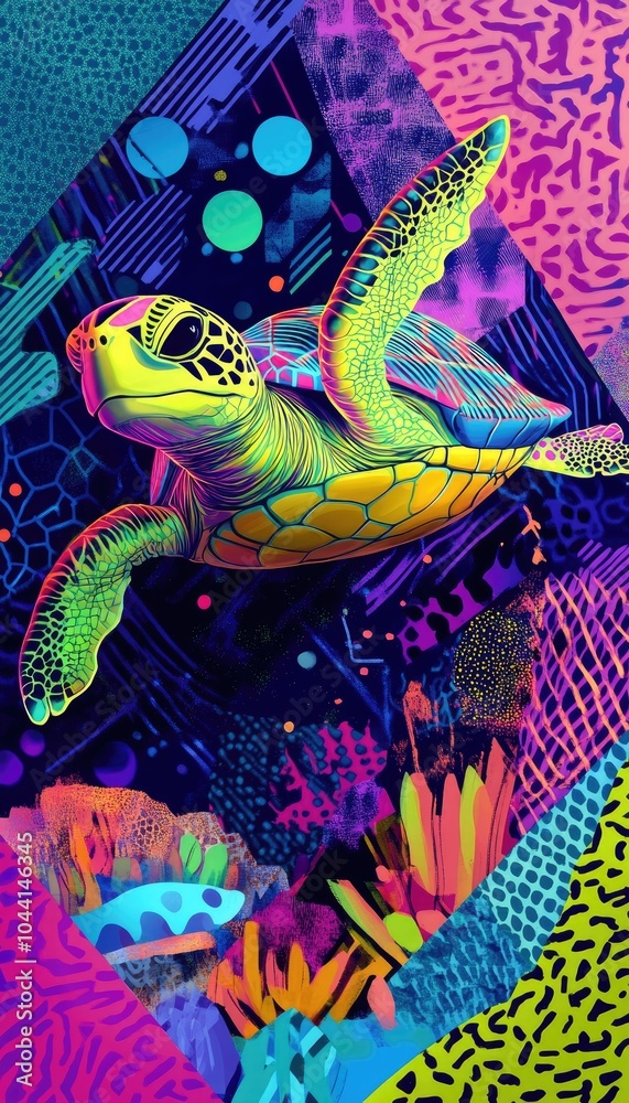 A playful Pop art style turtle swimming through a sea of geometric patterns and neon colors A playful Pop art style turtle swimming through a sea of geometric patterns and neon colors